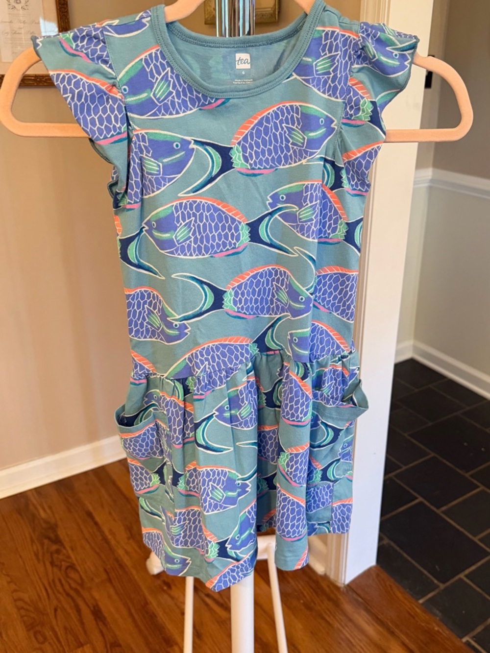 Tea Collection Teal Dress with Purple & Coral Fish Print